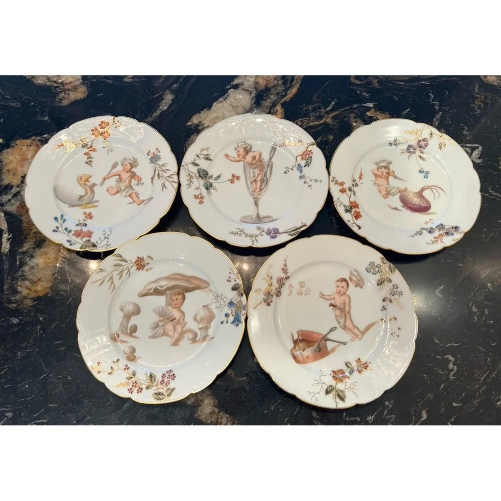 5 Antique French Porcelain CFH Limoges Plates w Babies/Cherubs Circa 1890 RARE
